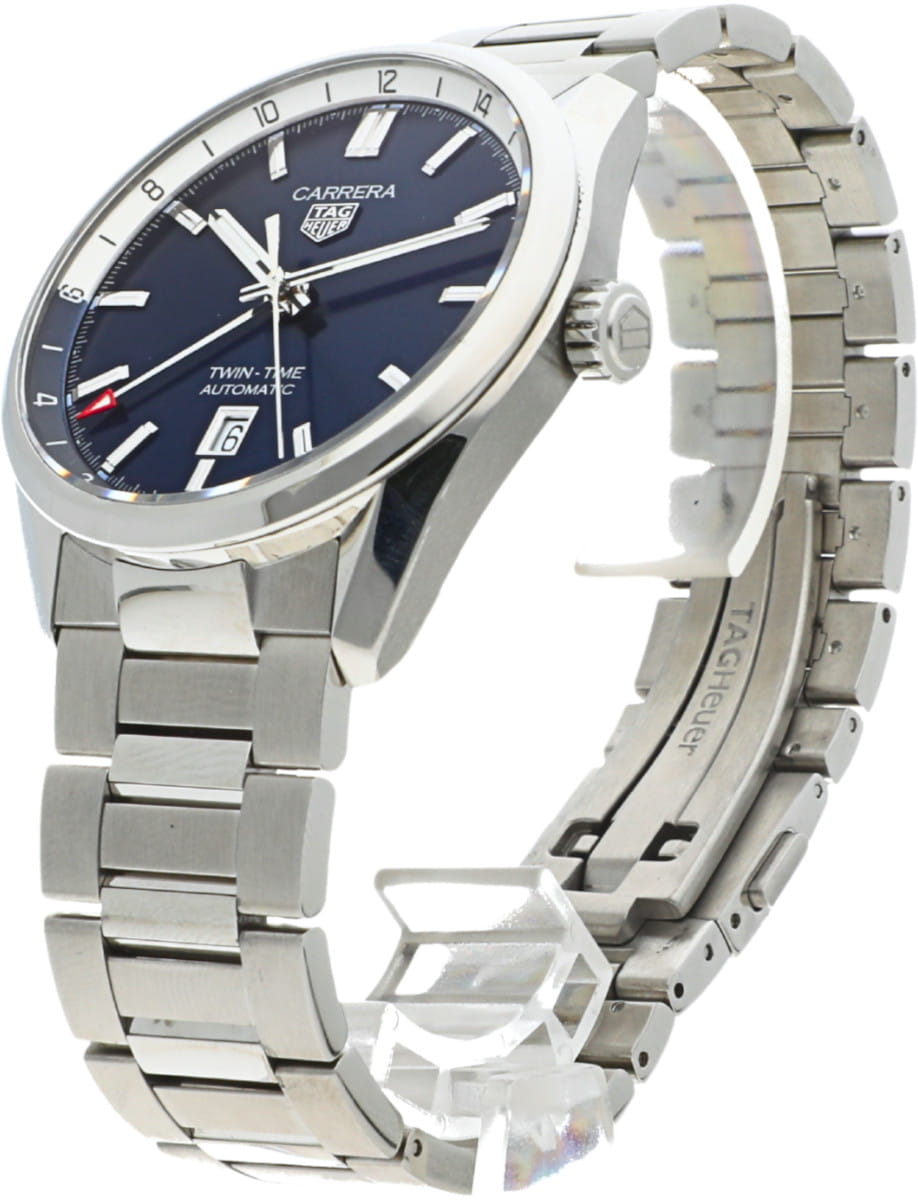 Right side view of Pre-owned TAG Heuer Carrera wristwatch with stainless steel case and bracelet, and blue dial.