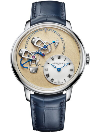 Arnold & Son wristwatch with a 950 platinum case, exposed movement, and a ink blue leather strap.