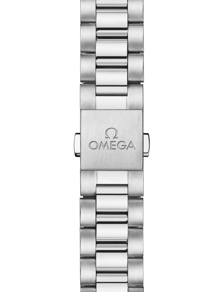 Close-up of a stainless steel Omega watch bracelet clasp with engraved Omega logo and brushed finish.