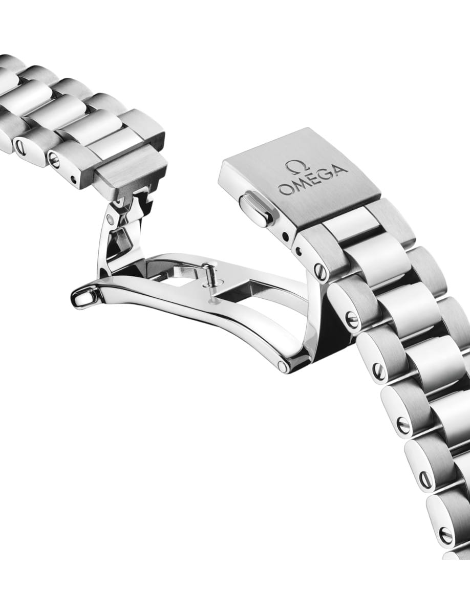 Close-up of a polished steel Omega watch bracelet clasp with the brand logo visible on the clasp surface.