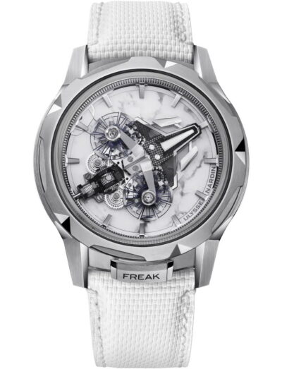 Ulysse Nardin Freak skeleton wristwatch with a white and grey veining dial and white rubber strap, and titanium case.