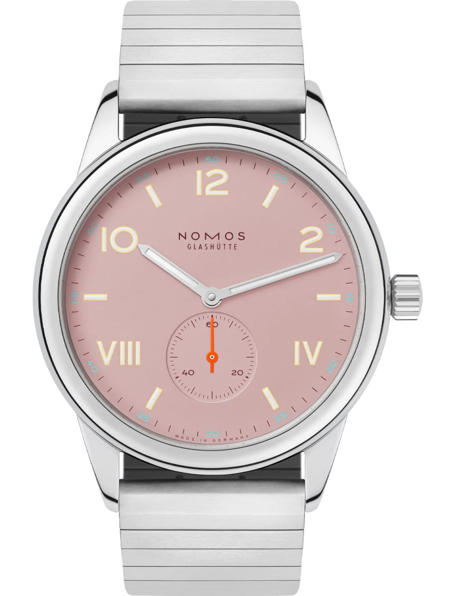 NOMOS Glashütte wristwatch with a pink dial, stainless steel case and sport bracelet.