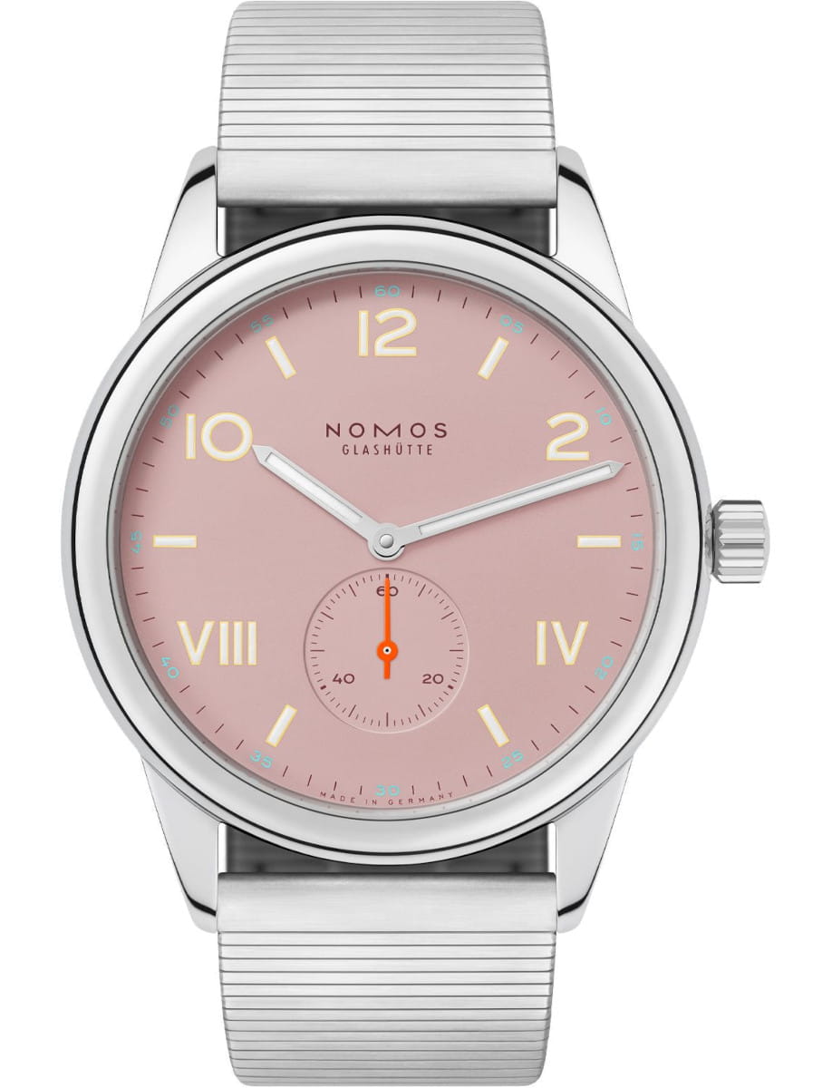 NOMOS Glashütte wristwatch with a pink dial, stainless steel case and bracelet.