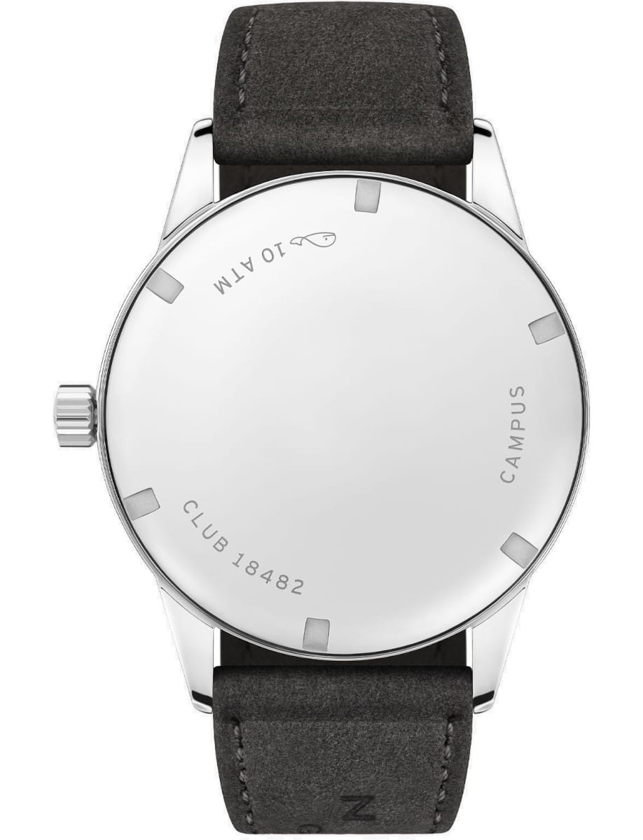 Back of a steel wristwatch with a black leather strap; engravings read 'Campus', 'Club 1842'.