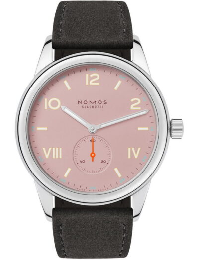 NOMOS Glashütte wristwatch with a pink dial, stainless steel case, and black leather strap.