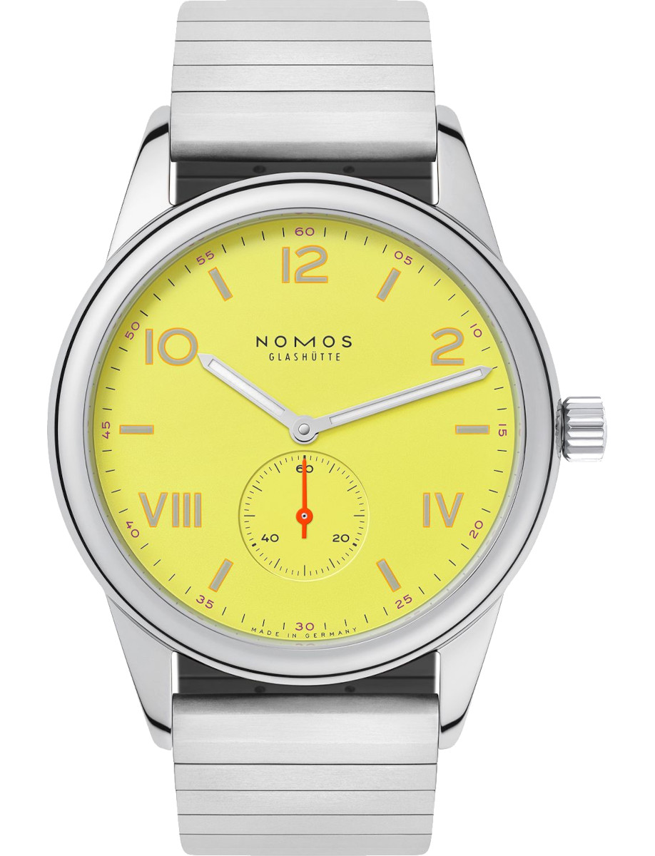 Nomos wristwatch with stainless steel case, yellow dial, and sport stainless steel bracelet.