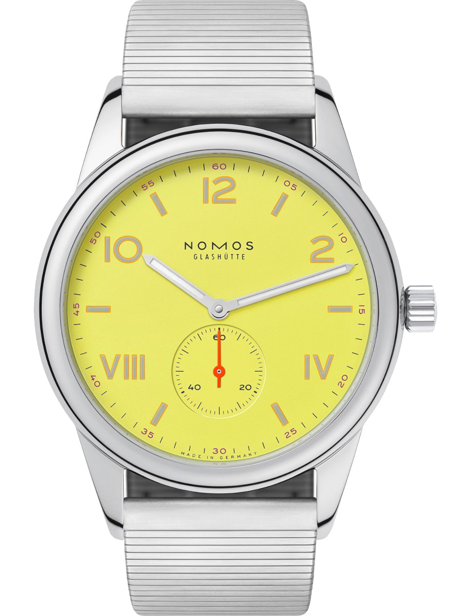 Nomos wristwatch with stainless steel case, yellow dial, and stainless steel bracelet.