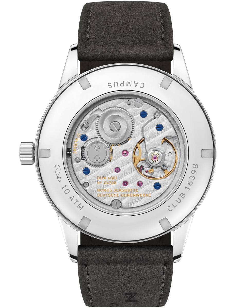 Back view of a Nomos wristwatch with a transparent caseback, exposing the intricate mechanical movement and blue screws.