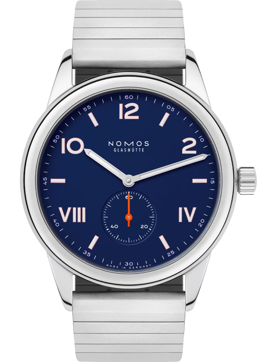 Nomos Glashütte stainless steel wristwatch with a blue dial and a small seconds subdial at 6 o'clock.