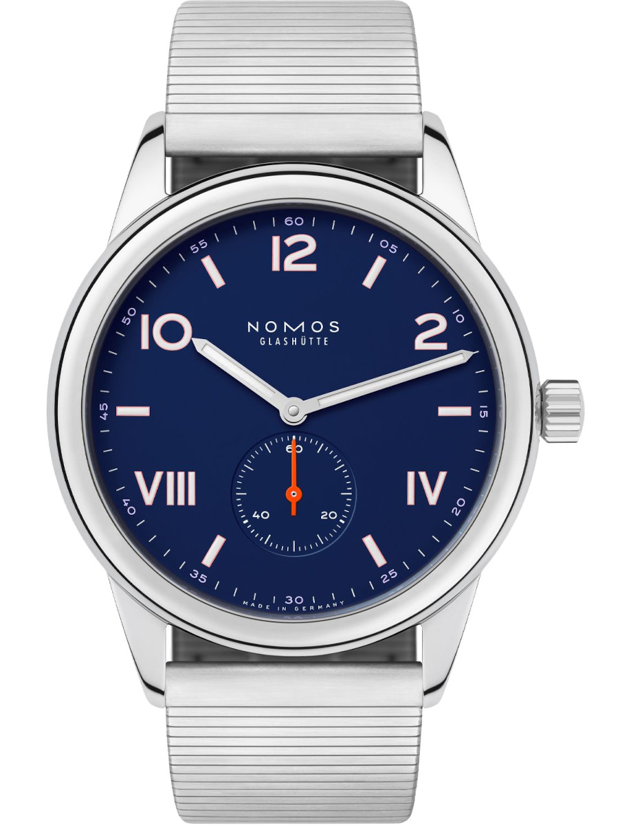 Nomos Glashütte wristwatch with a deep blue dial, silver case, and stainless steel bracelet; includes a small seconds subdial at 6 o'clock.