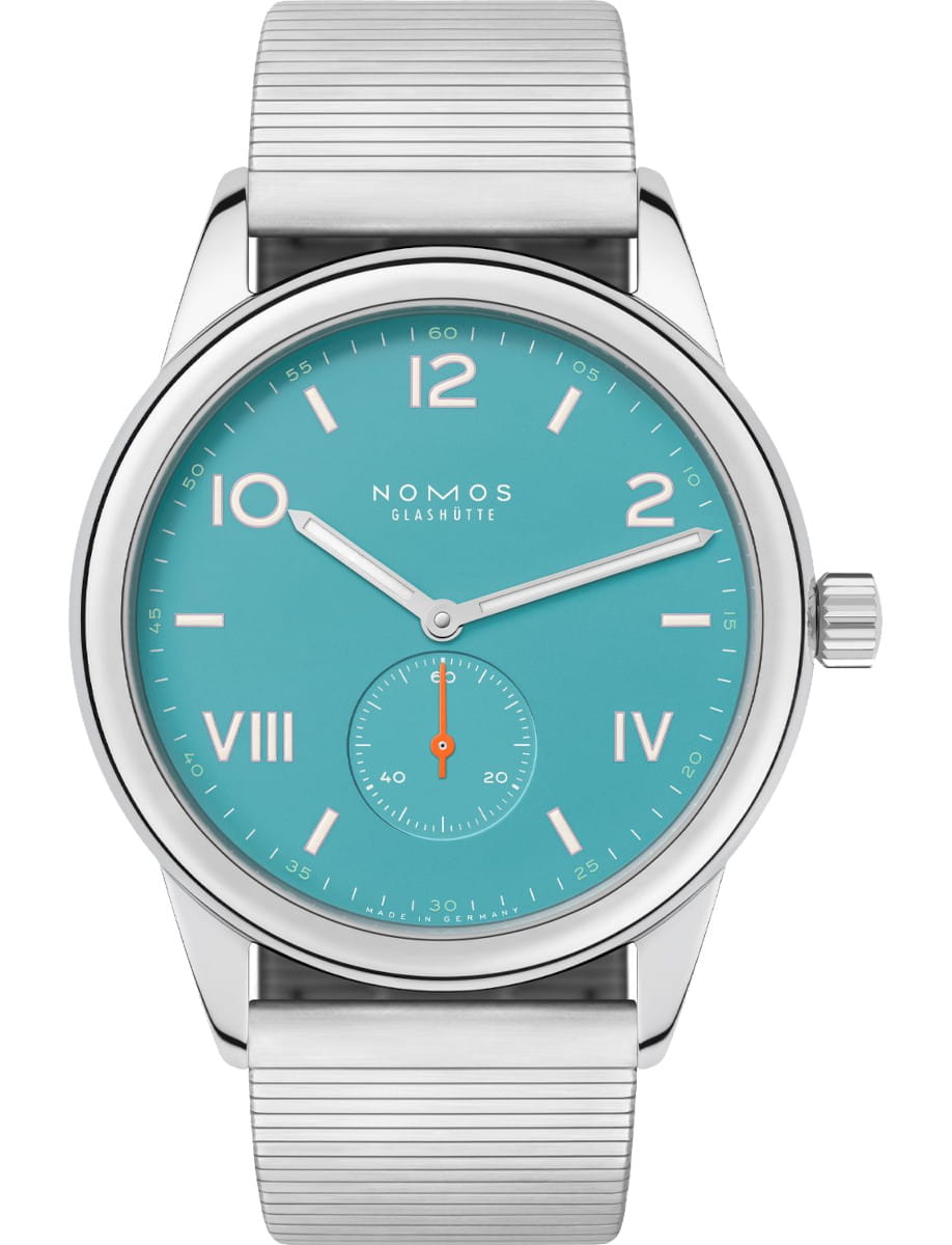Nomos wristwatch with stainless steel case, tirquiose dial, and sport stainless steel bracelet.