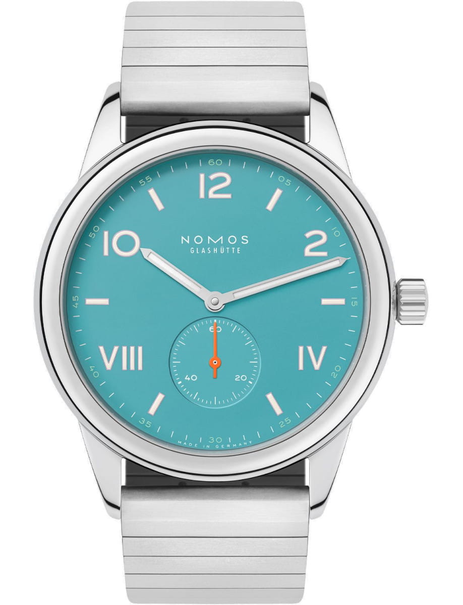 Nomos wristwatch with stainless steel case, tirquiose dial, and stainless steel bracelet.