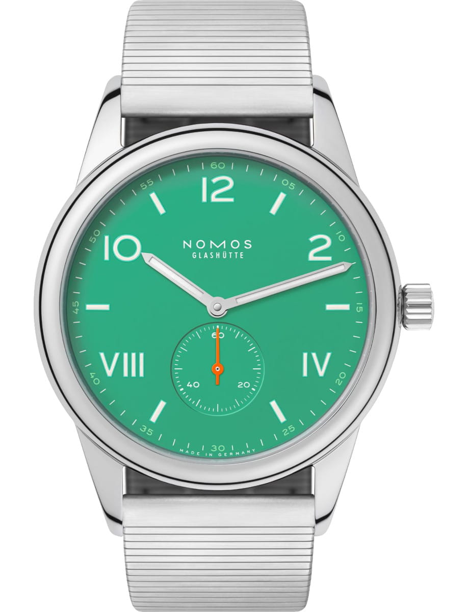 Nomos Glashütte wristwatch with a green dial, stainless steel case, and stainless steel case.