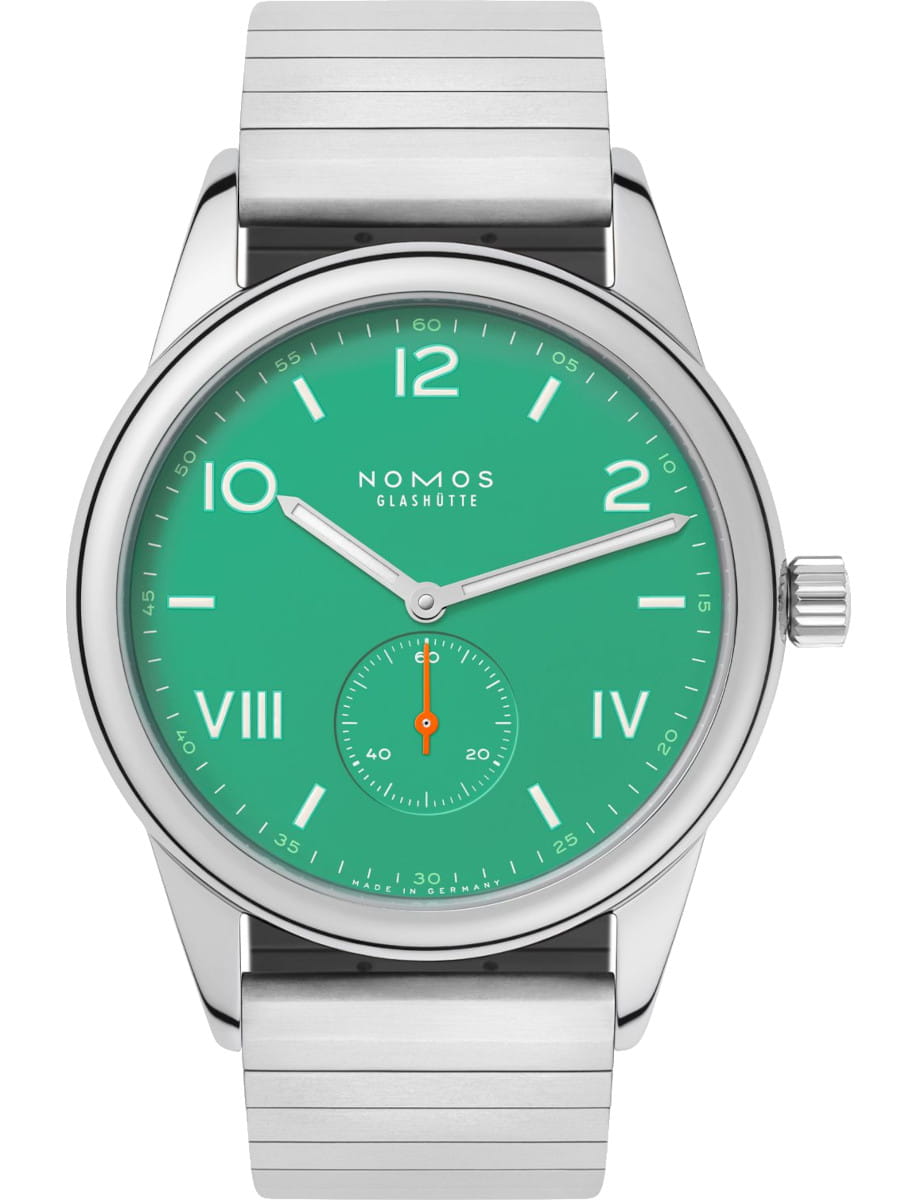 Nomos Glashütte wristwatch with a green dial, stainless steel case, and sport stainless steel case.
