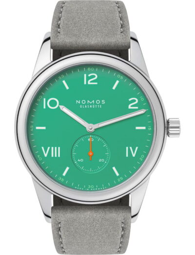 Nomos Glashütte wristwatch with a green dial, stainless steel case, and gray vegan velour strap
