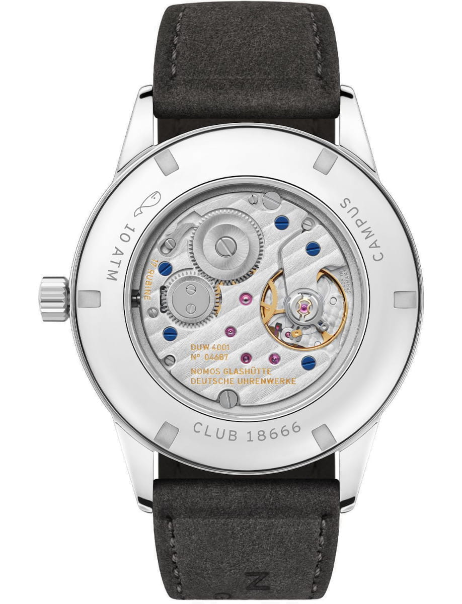 Back of a stainless steel wristwatch showing its exposed mechanical movement with gears, screws, and a black leather strap.