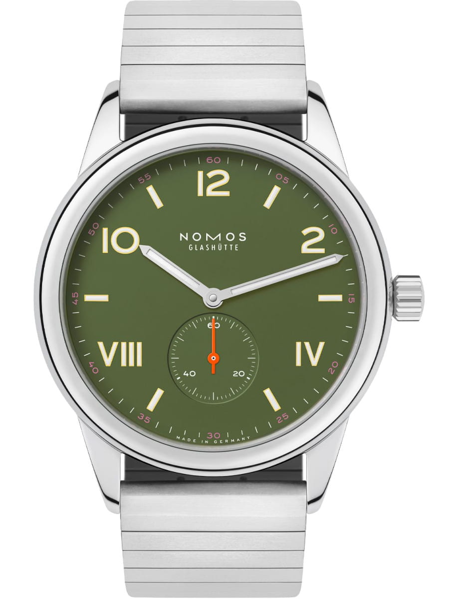NOMOS Glashütte wristwatch with a green dial, stainless steel case and sport bracelet.