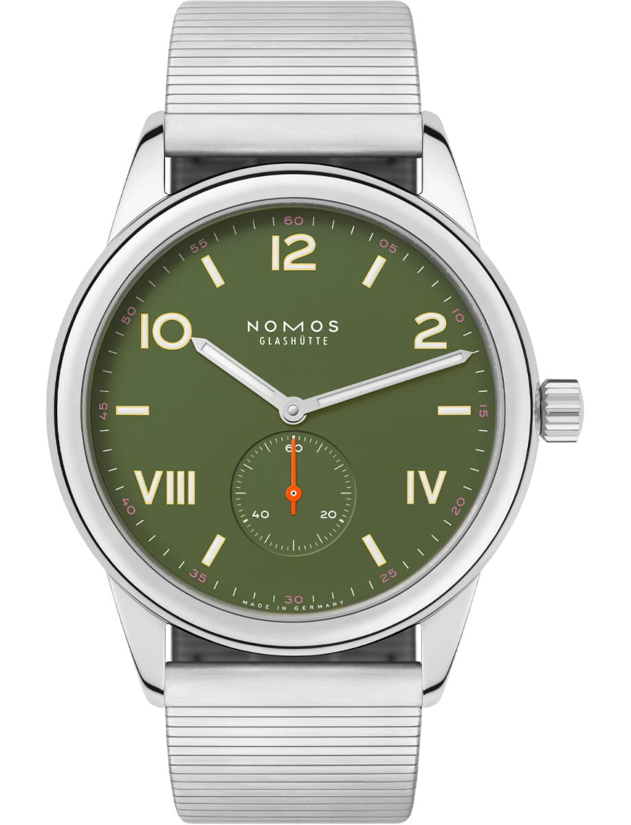 NOMOS Glashütte wristwatch with a green dial, stainless steel case and bracelet.