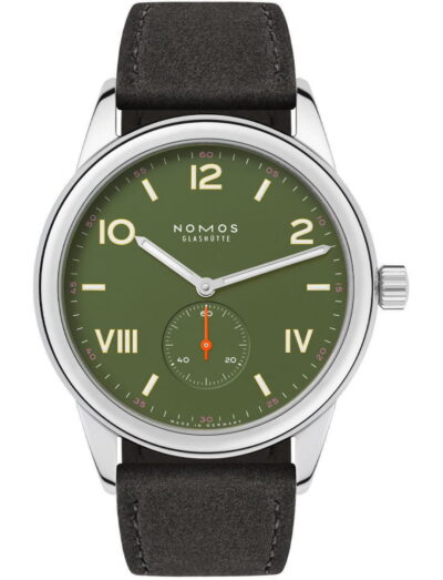 NOMOS Glashütte wristwatch with a green dial, stainless steel case, and black leather strap.