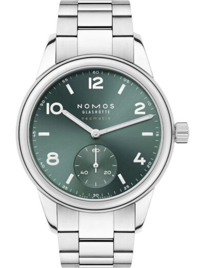 NOMOS Glashütte wristwatch with stainless steel case and bracelet, and petrol green dial.