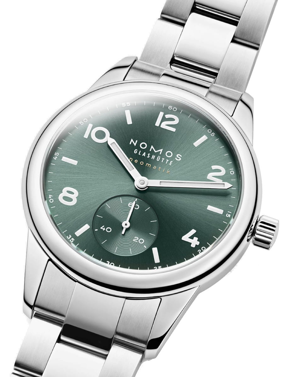 Side view of NOMOS Glashütte wristwatch with stainless steel case and bracelet, and petrol green dial.
