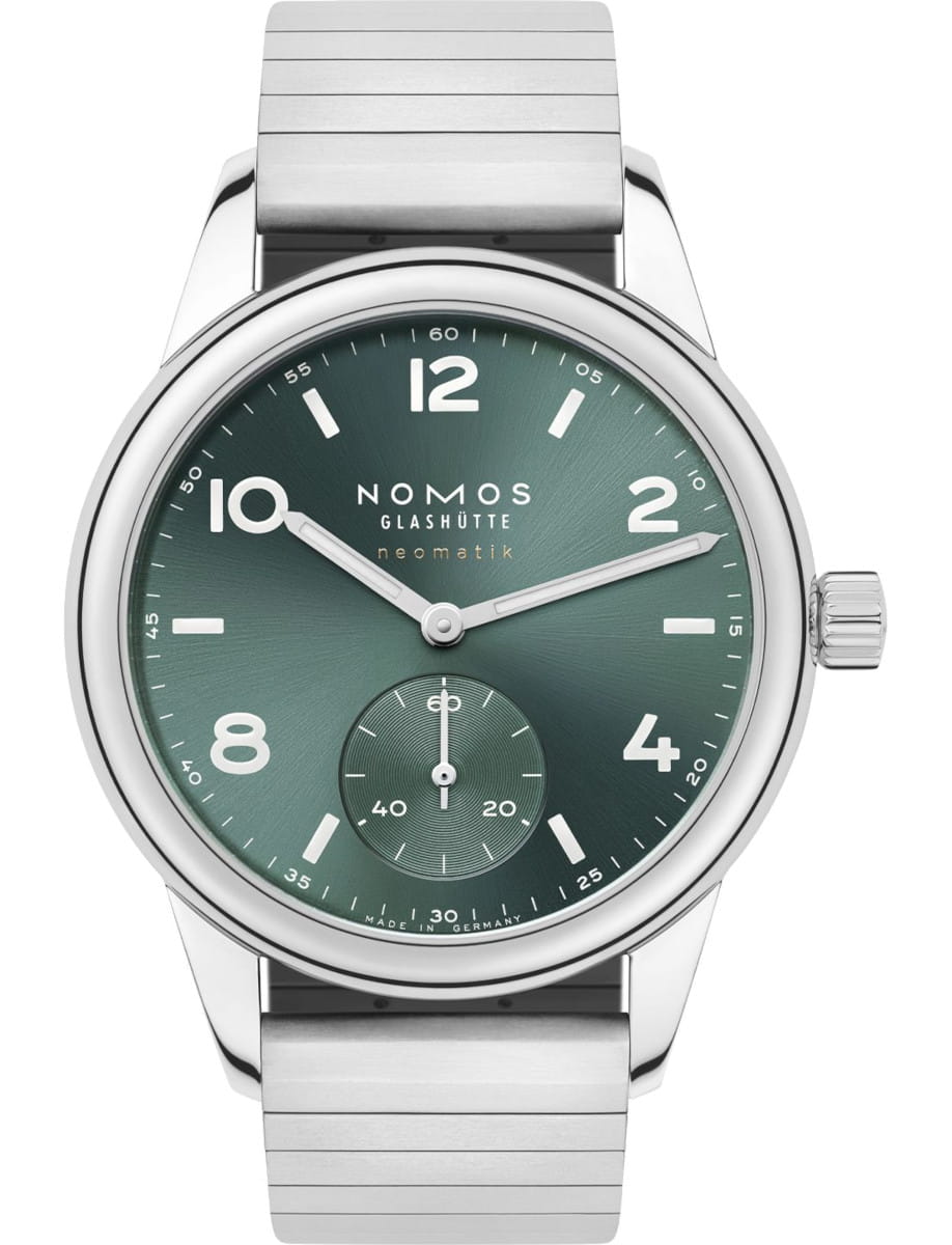NOMOS Glashütte wristwatch with stainless steel case and sport bracelet, and petrol green dial.