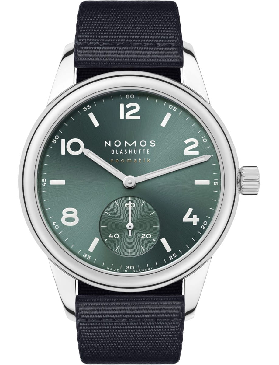 NOMOS Glashütte wristwatch with stainless steel case and blue-black textile strap, and petrol green dial.