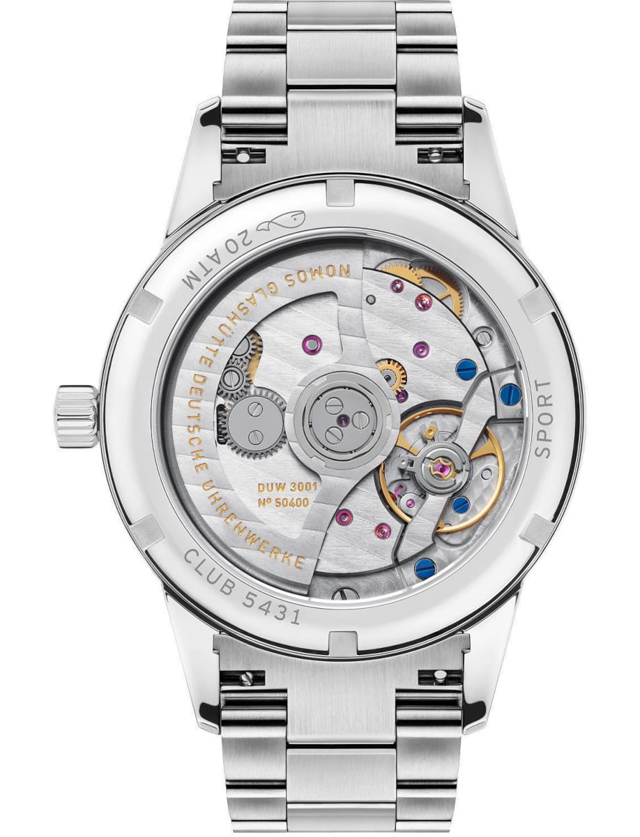 Stainless steel watch case back exposing the mechanical movement with gears, jewels, and rotor visible through the sapphire case back.