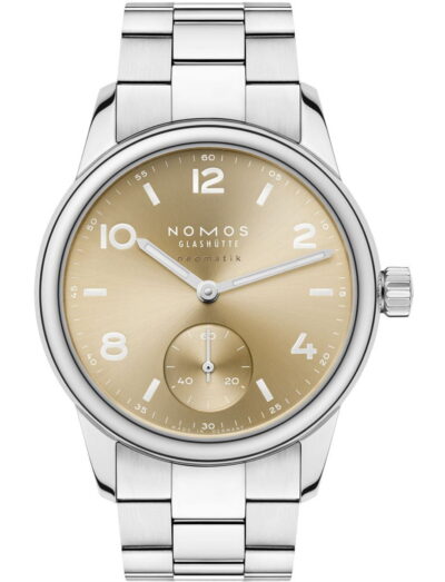 NOMOS Glashütte wristwatch with stainless steel case and bracelet, and gold dial.