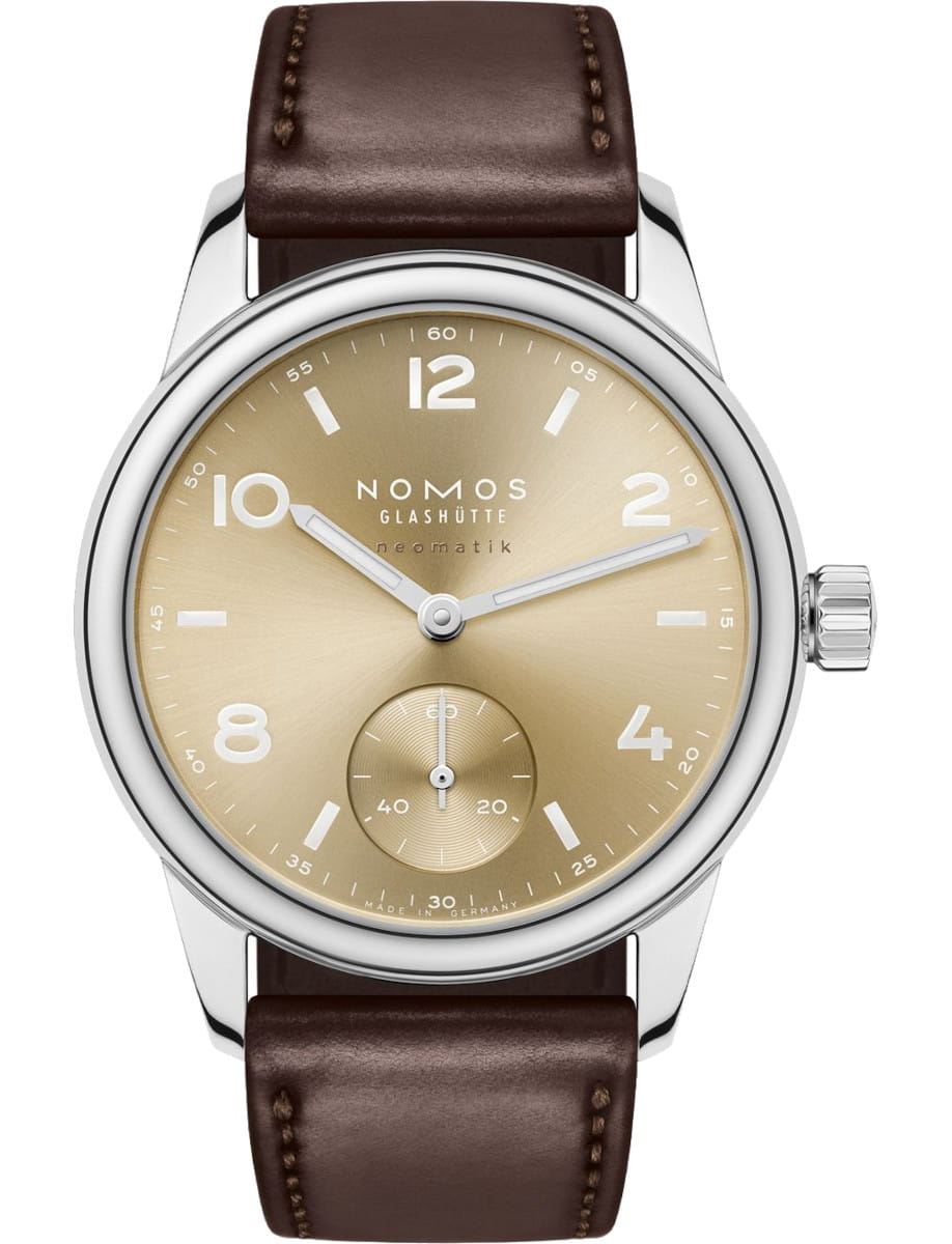 NOMOS Glashütte wristwatch with stainless steel case, Horween Genuine Shell Cordovan remborde brown strap and gold dial.