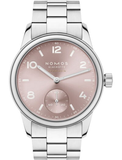 NOMOS Glashütte wristwatch with stainless steel case and bracelet, and pink dial.