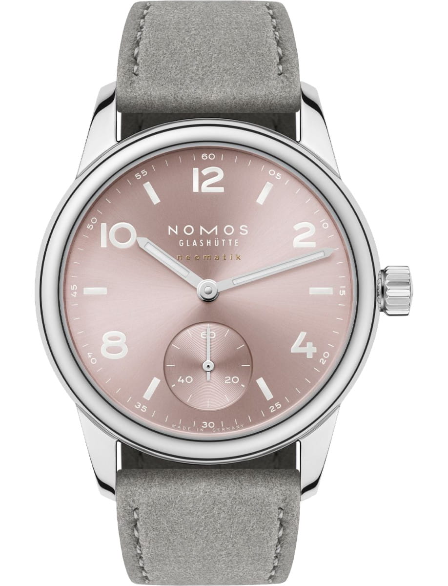 NOMOS Glashütte wristwatch with stainless steel case, grey vegan velour strap, and pink dial.