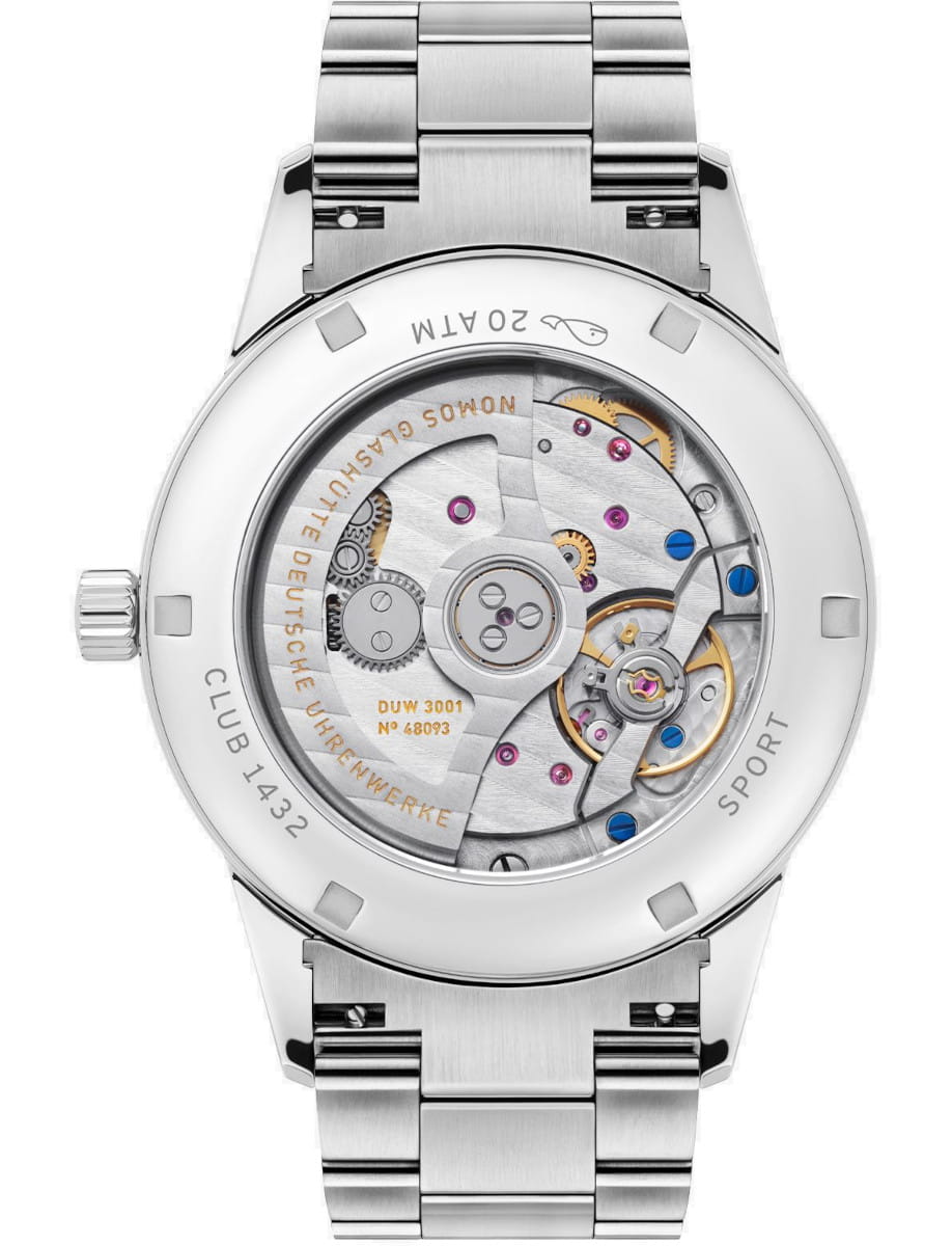 Nomos stainless steel watch back with visible mechanical movement and gears through a transparent case back.
