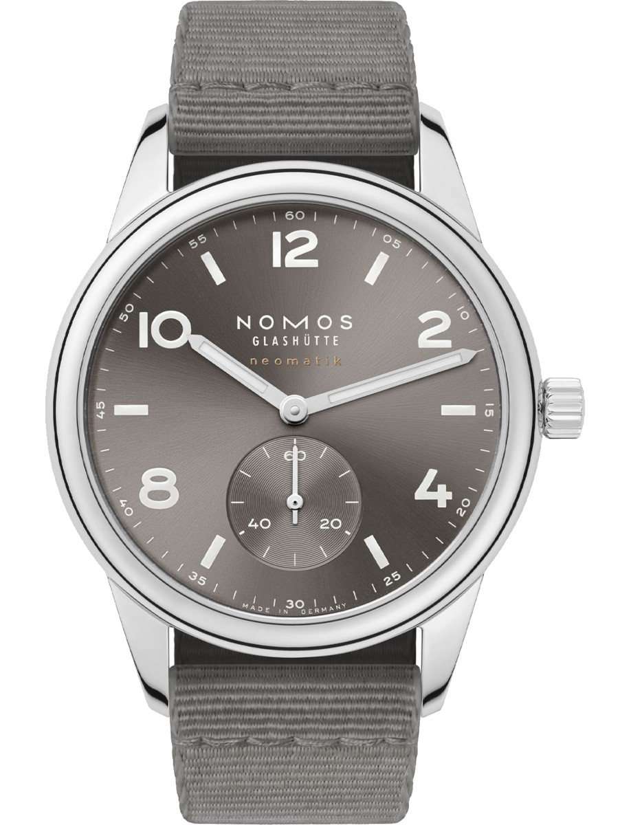 Nomos Glashutte wristwatch with stainless steel case, light grey textile strap and light grey dial.