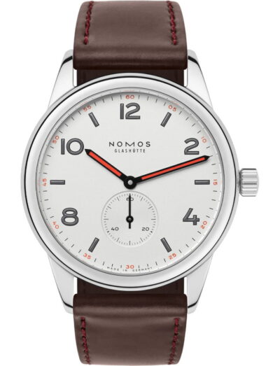 Nomos Club wristwatch with stainless steel case, Horween Genuine Shell Cordovan brown strap with red stitching, and white silver-plated dial.