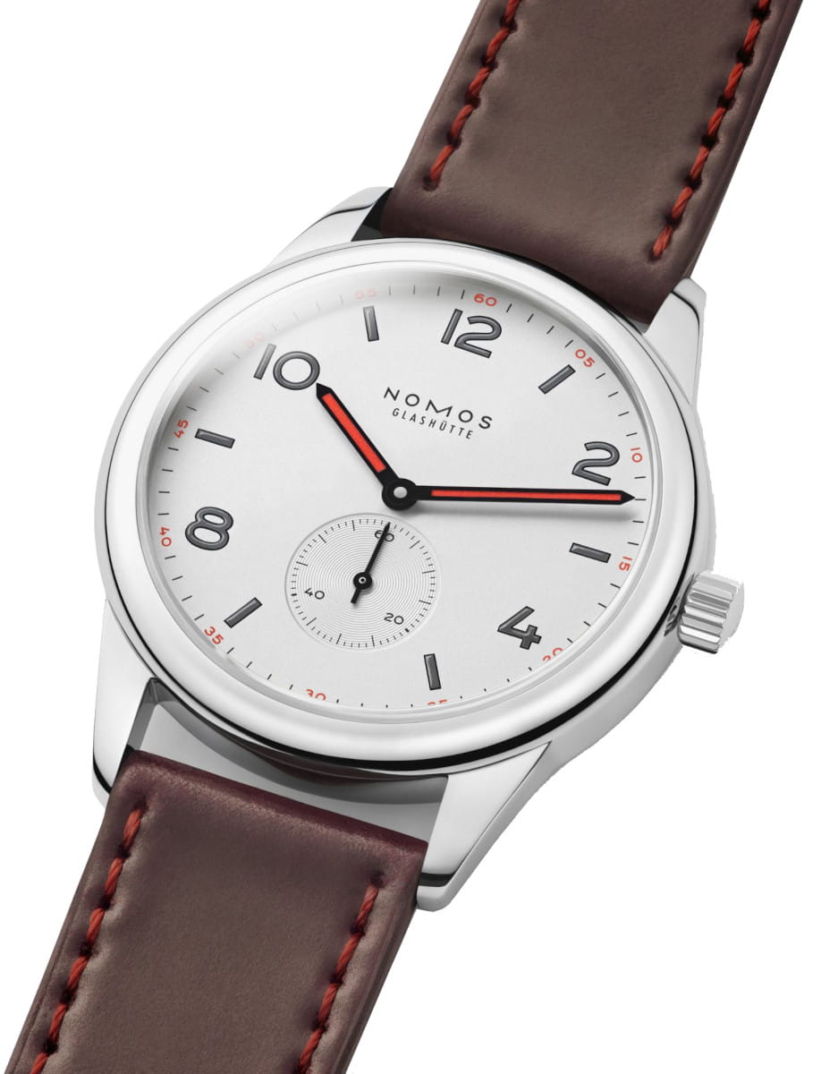 Side view of Nomos Club wristwatch with stainless steel case, Horween Genuine Shell Cordovan brown strap with red stitching, and white silver-plated dial.