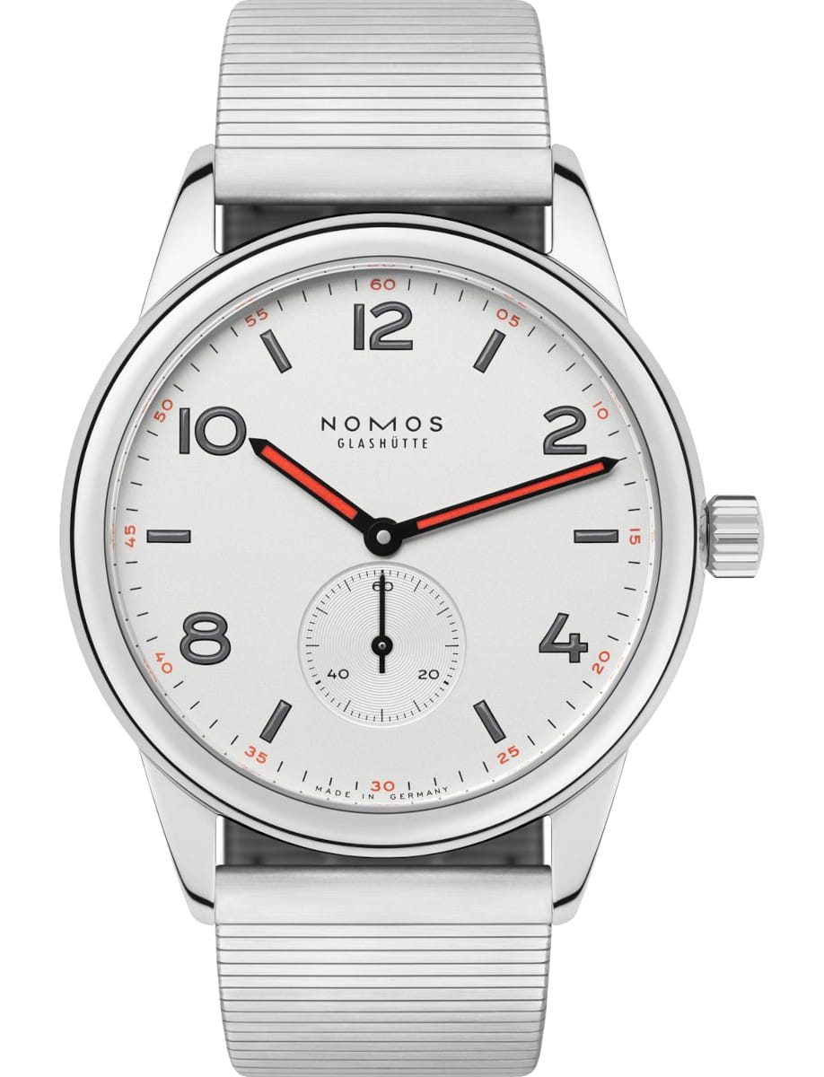 Nomos Club wristwatch with stainless steel case and bracelet, and white silver-plated dial.