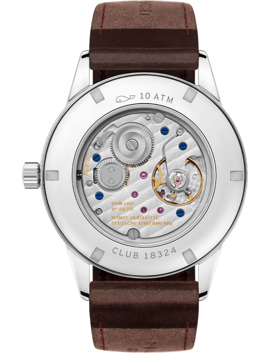 Back view of Nomos Club wristwatch with stainless steel case, Horween Genuine Shell Cordovan brown strap with red stitching, and sapphire crystal caseback.