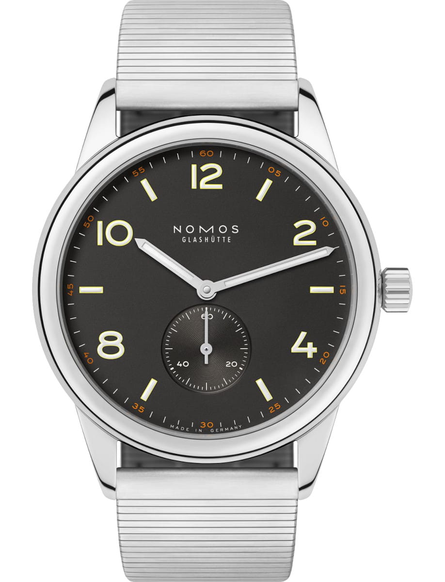 Nomos Club wristwatch with stainless steel case and bracelet, and black dial.