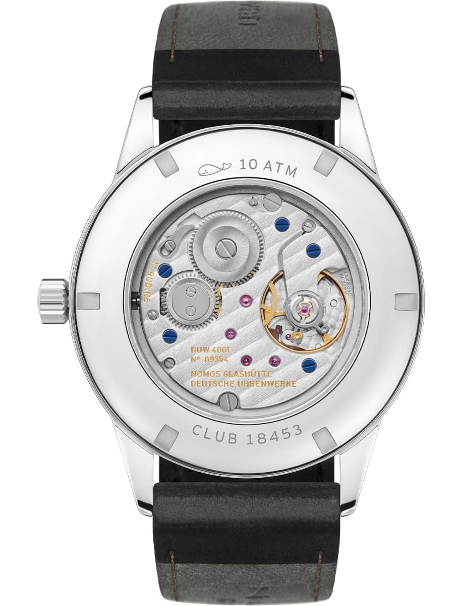 Back of a Nomos Club wristwatch with stainless steel case, Horween Genuine Shell Cordovan black strap with brown stitching, and sapphire glass dial.
