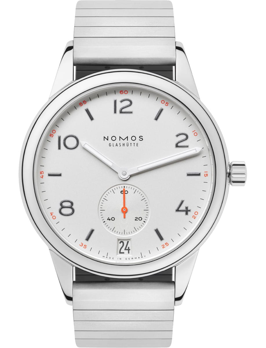 Nomos Glashütte stainless steel wristwatch with silver dial, metal bracelet, orange-accented second hand, and date window showing 24.