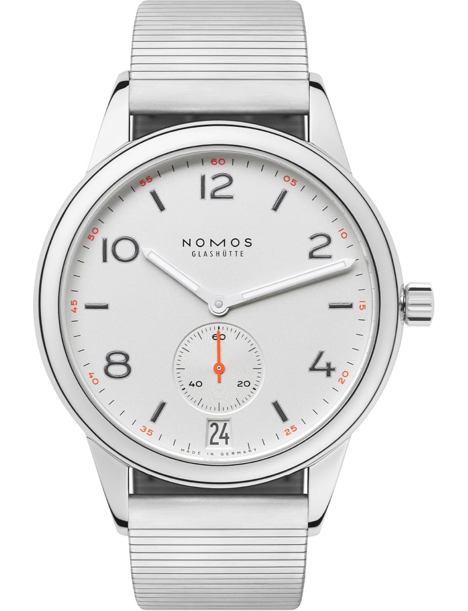 Nomos Glashütte wristwatch with a silver dial, black numerals, orange minute markers, and a stainless steel band
