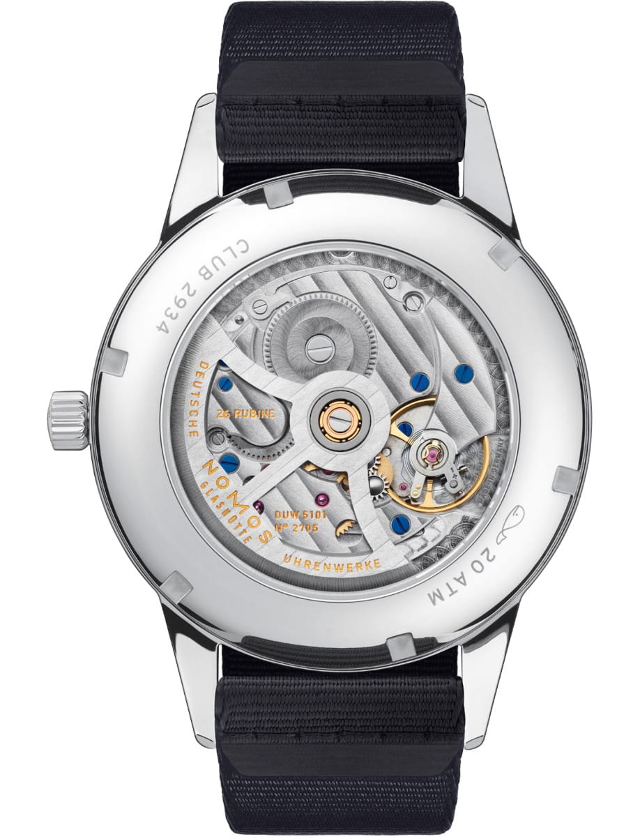 Back view of Nomos Club wristwatch with stainless steel case, blue-black textile strap, and transparent case back.