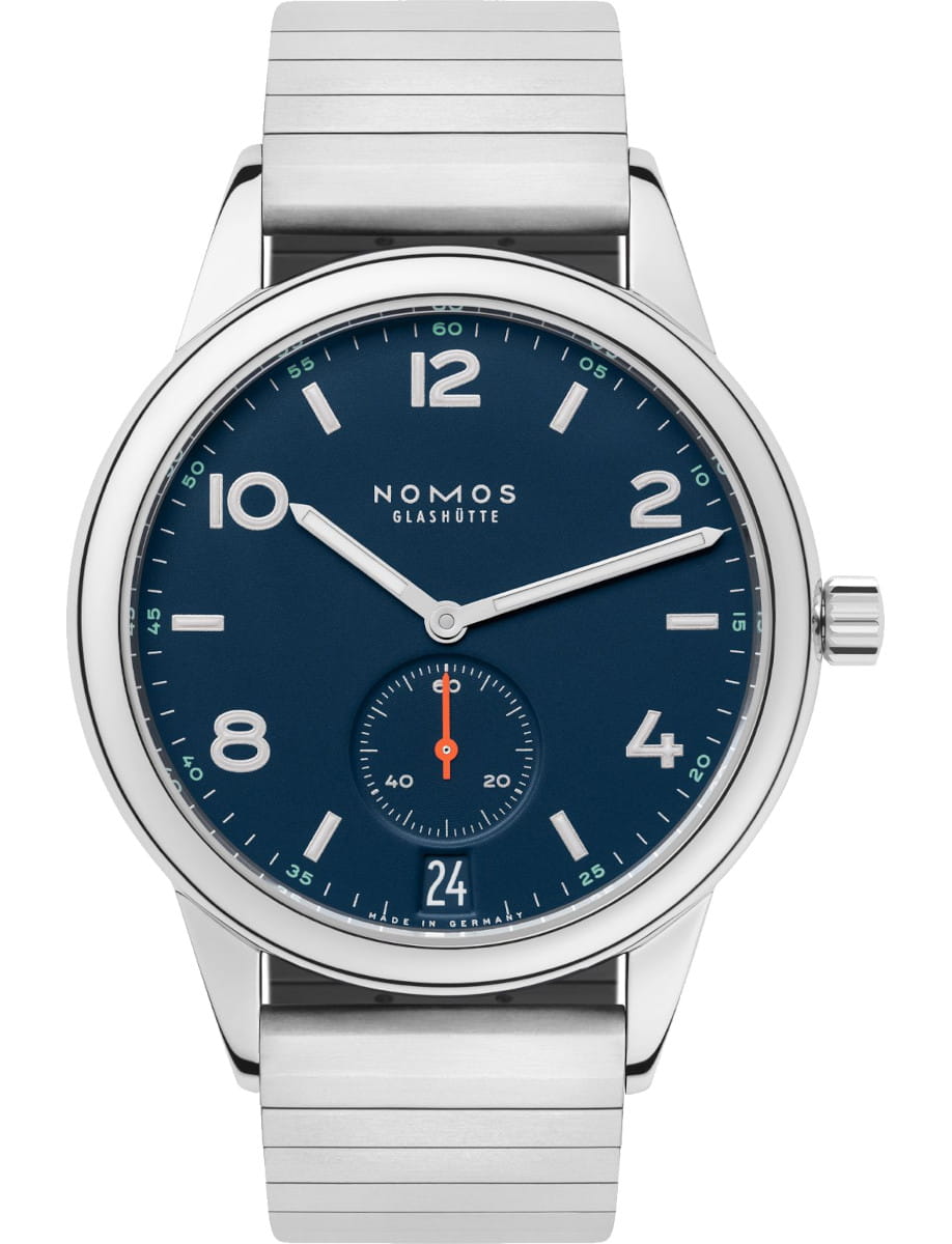 Nomos Club wristwatch with stainless steel case and sport bracelet, and atlantic blue dial.