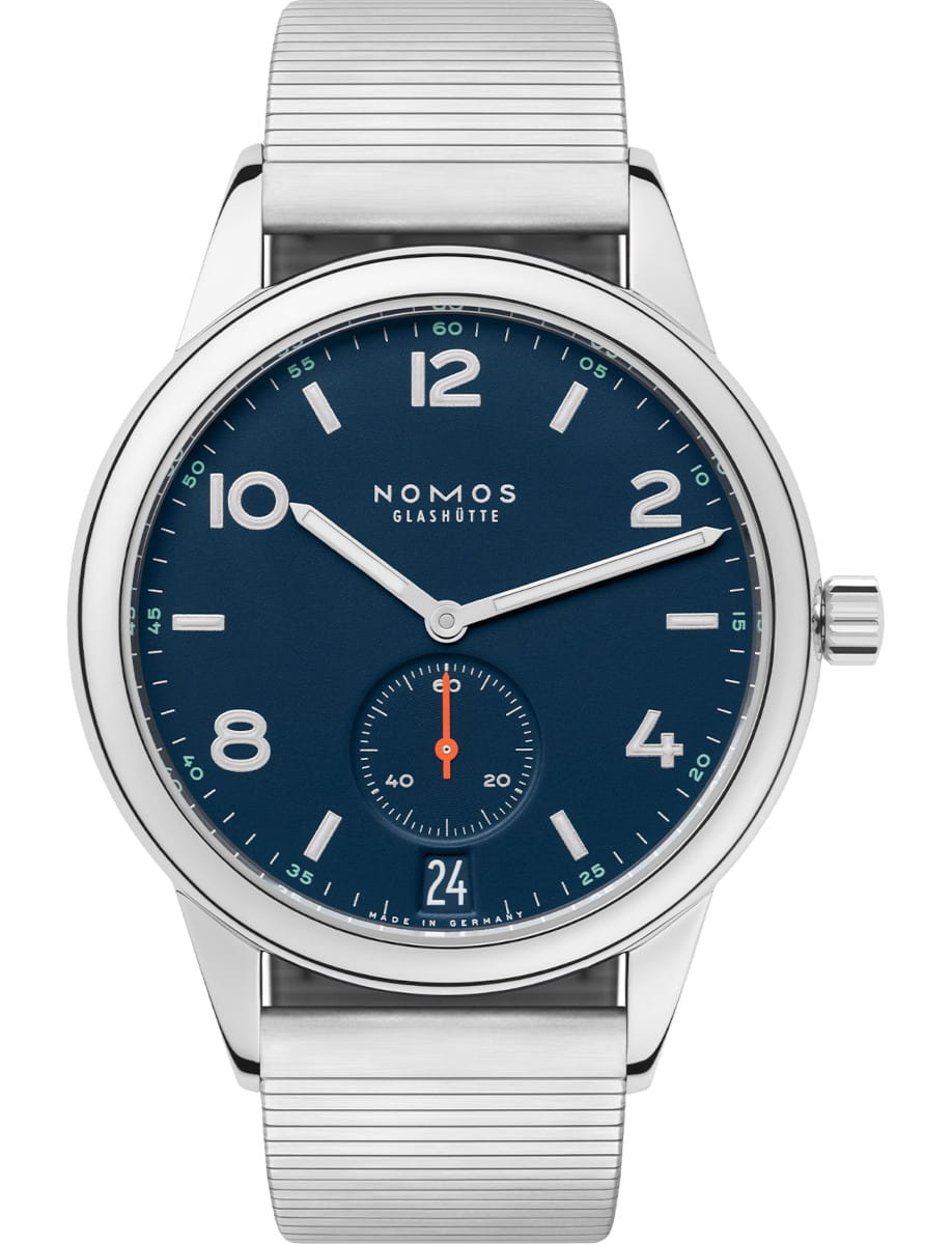 Nomos Club wristwatch with stainless steel case and bracelet, and atlantic blue dial.