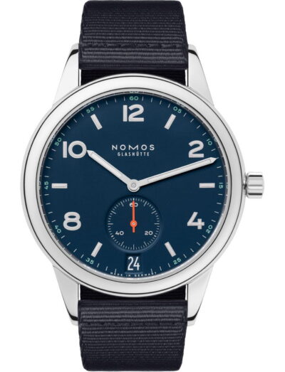 Nomos Club wristwatch with stainless steel case, blue-black textile strap, and atlantic blue dial.