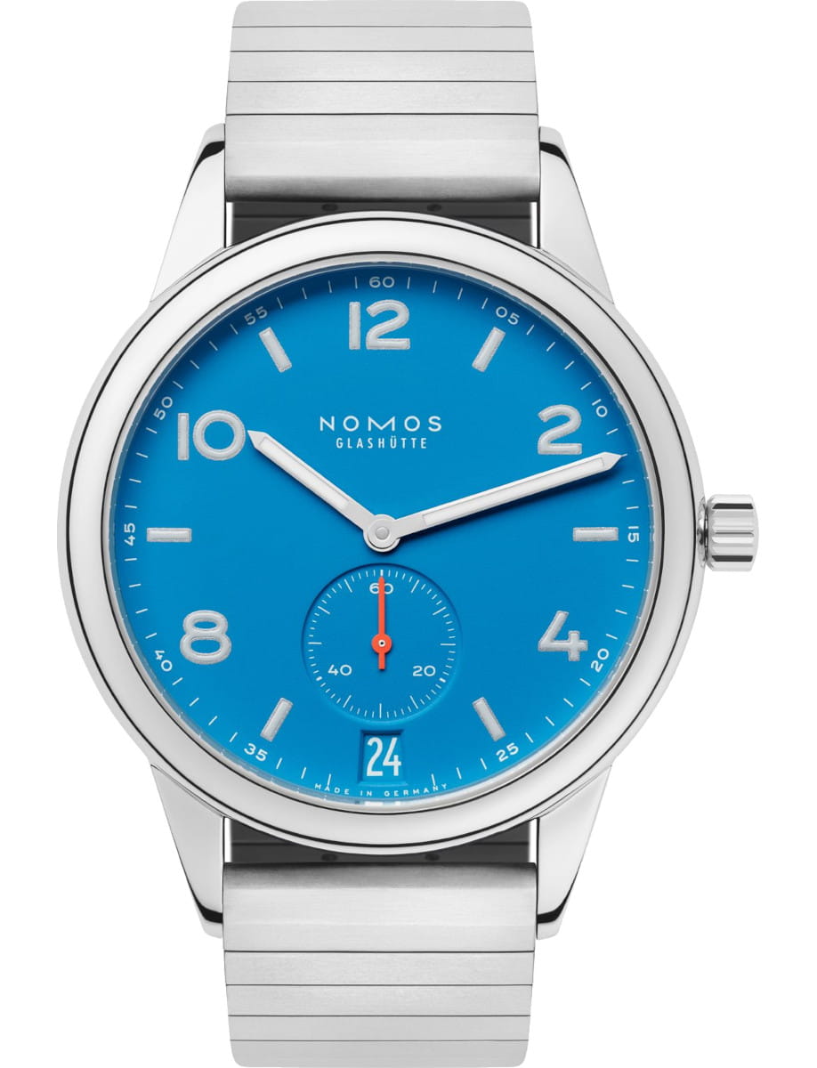 Nomos Club wristwatch with stainless steel case and sport bracelet, and siren blue dial.