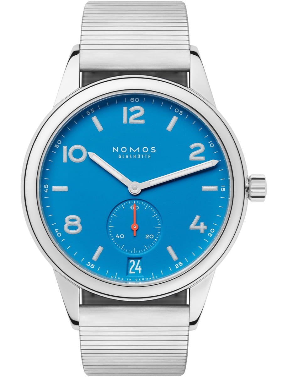 Nomos Club wristwatch with stainless steel case and bracelet, and siren blue dial.