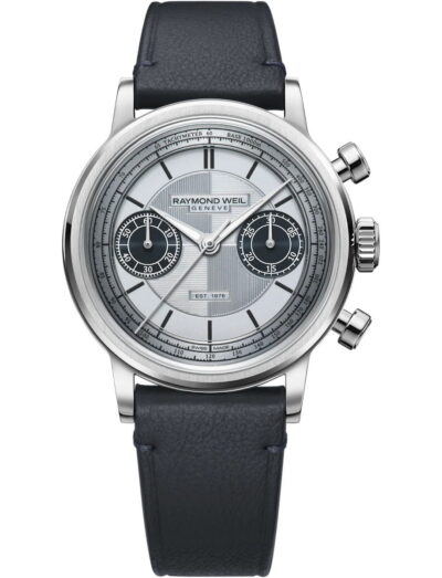 Raymond Weil Genève chronograph wristwatch with a stainless steel case, light blue dial, black subdials, and a dark blue leather strap. | Feldmar Watch Co. Raymond Weil Genève chronograph wristwatch with a stainless steel case, light blue dial, black subdials, and a dark blue leather strap.