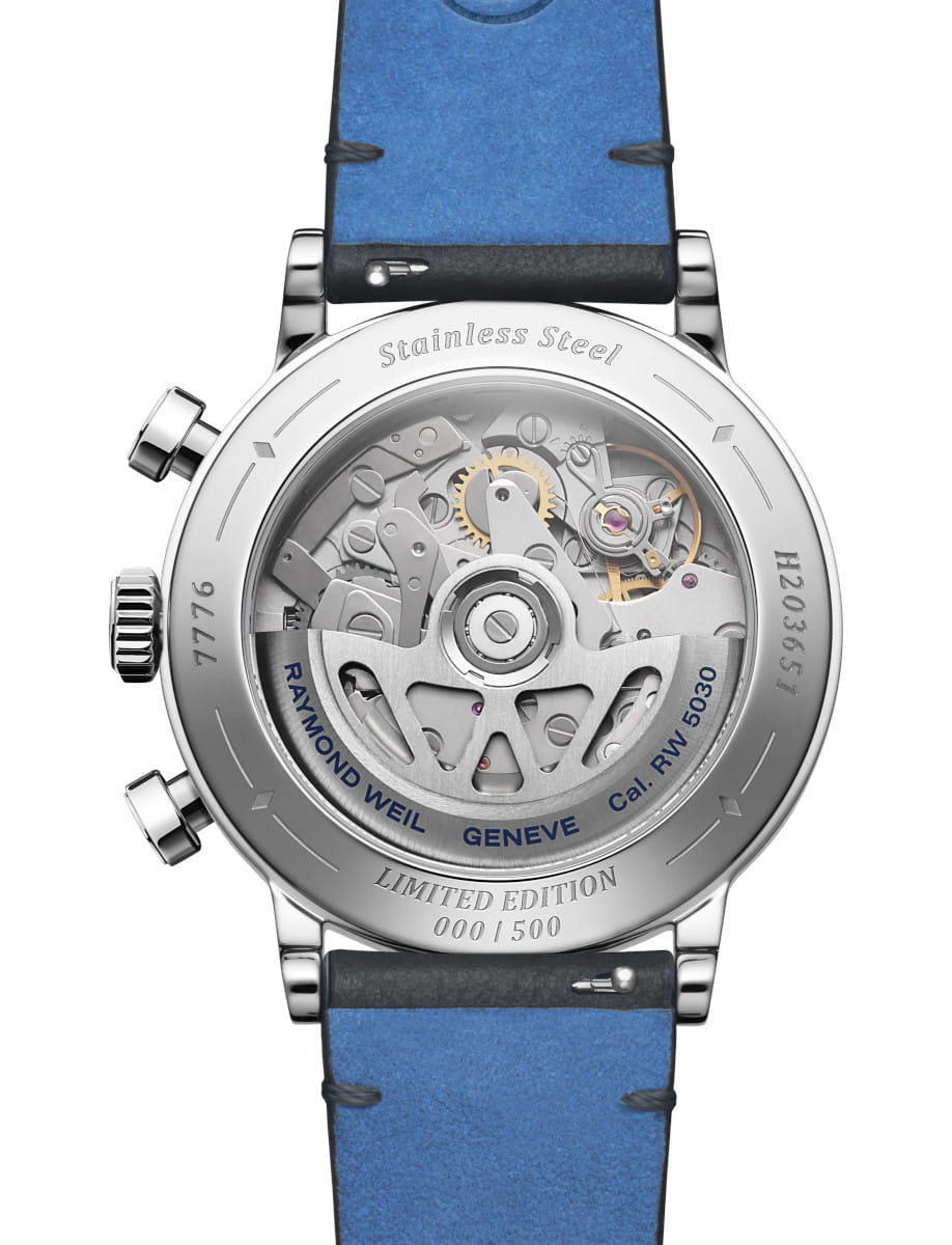 Back view of a Raymond Weil Genève wristwatch with a stainless steel case, transparent caseback showing internal gears and 'LIMITED EDITION 000/1500' engraving, blue strap visible